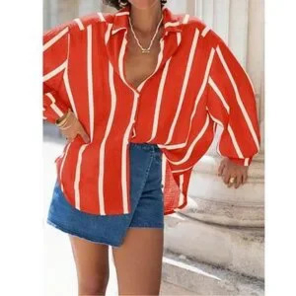 Red with White Stripes Oversized Button Down Shirt Long Sleeve - Picture 5 of 5
